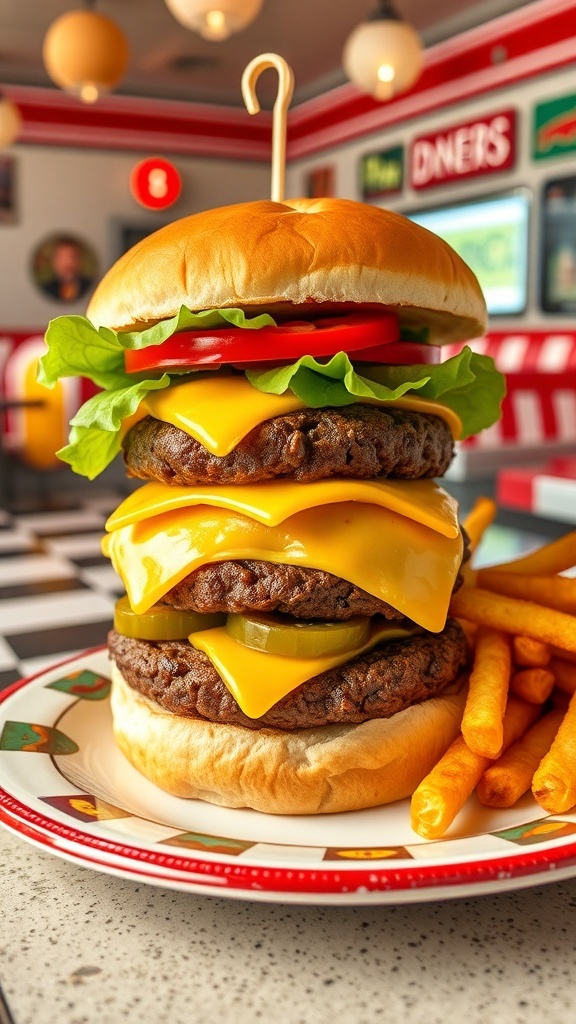 A classic 1950s hamburger with beef patty, cheese, lettuce, tomato, and pickles on a plate with fries in a retro diner setting.